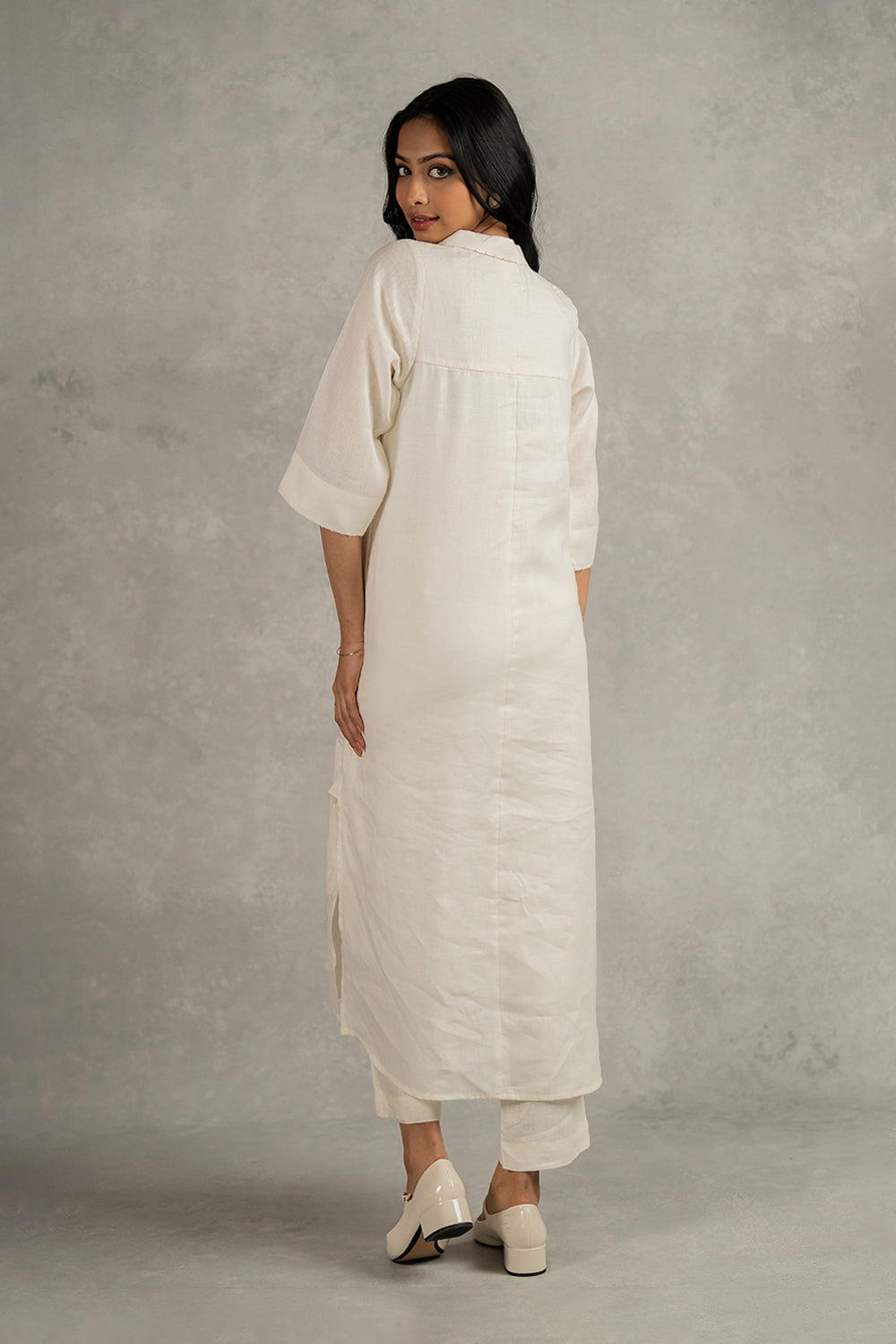 Tania Linen Half Placket Long Dress And Pant Set With Pockets – Off White