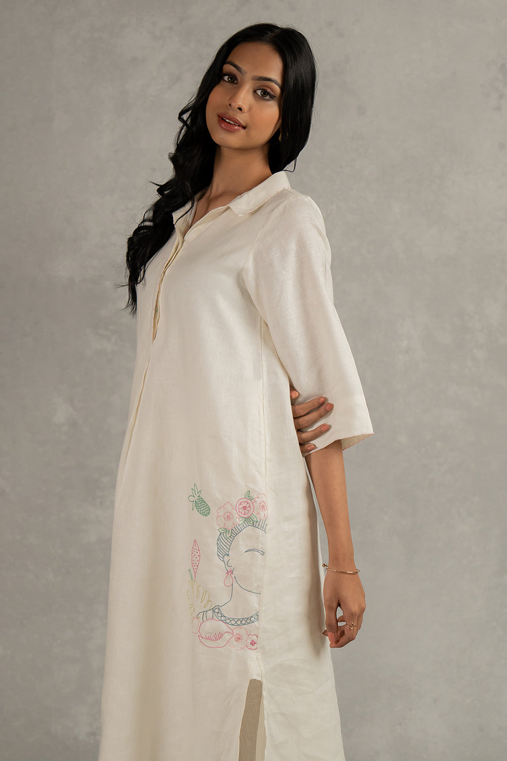 Tania Linen Half Placket Long Dress And Pant Set With Pockets – Off White