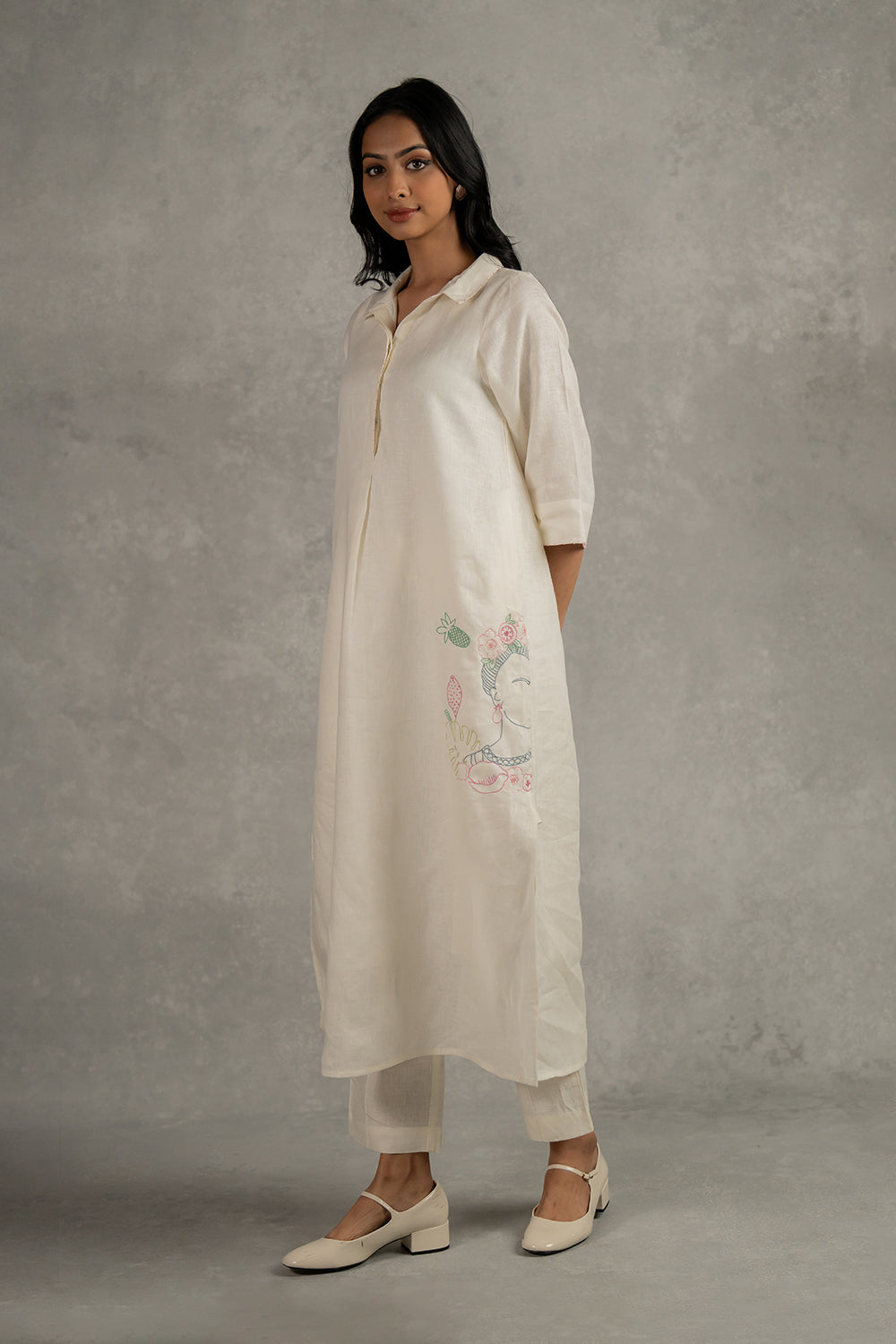 Tania Linen Half Placket Long Dress And Pant Set With Pockets – Off White