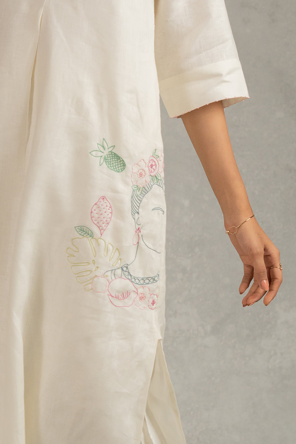 Tania Linen Half Placket Long Dress And Pant Set With Pockets – Off White