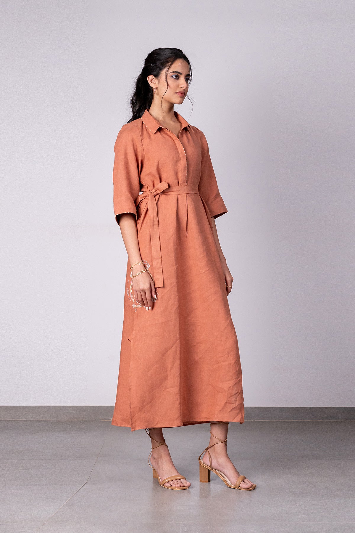 Tania Linen Half Placket Long dress with Pockets - Sand Brown