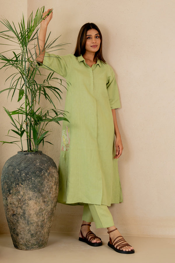 Tania Linen Half Placket Long Dress and Pant Set With Pockets - Algae Green