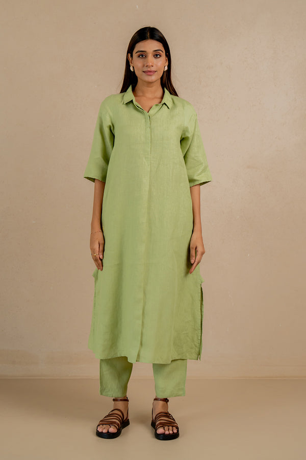 Tania Linen Half Placket Long Dress and Pant Set With Pockets - Algae Green