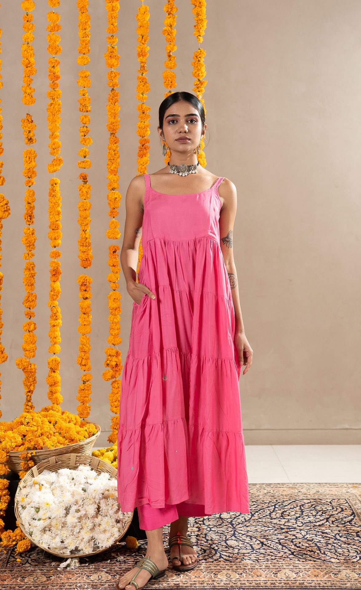 Tara Tier Dress With Pants- Pink