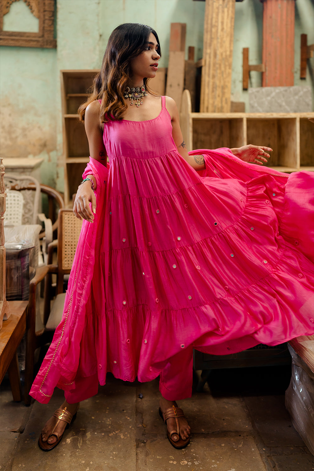 Tara Tier Dress With Pants- Pink
