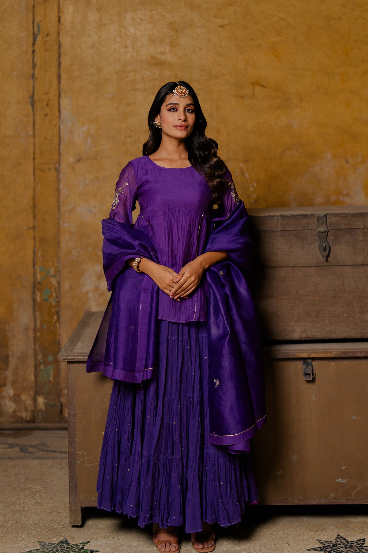 Urvi Chanderi silk Side kali short top - Purple
