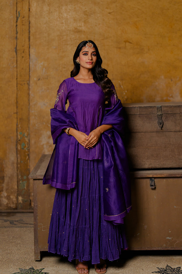 Urvi Chanderi silk Side kali short top - Purple