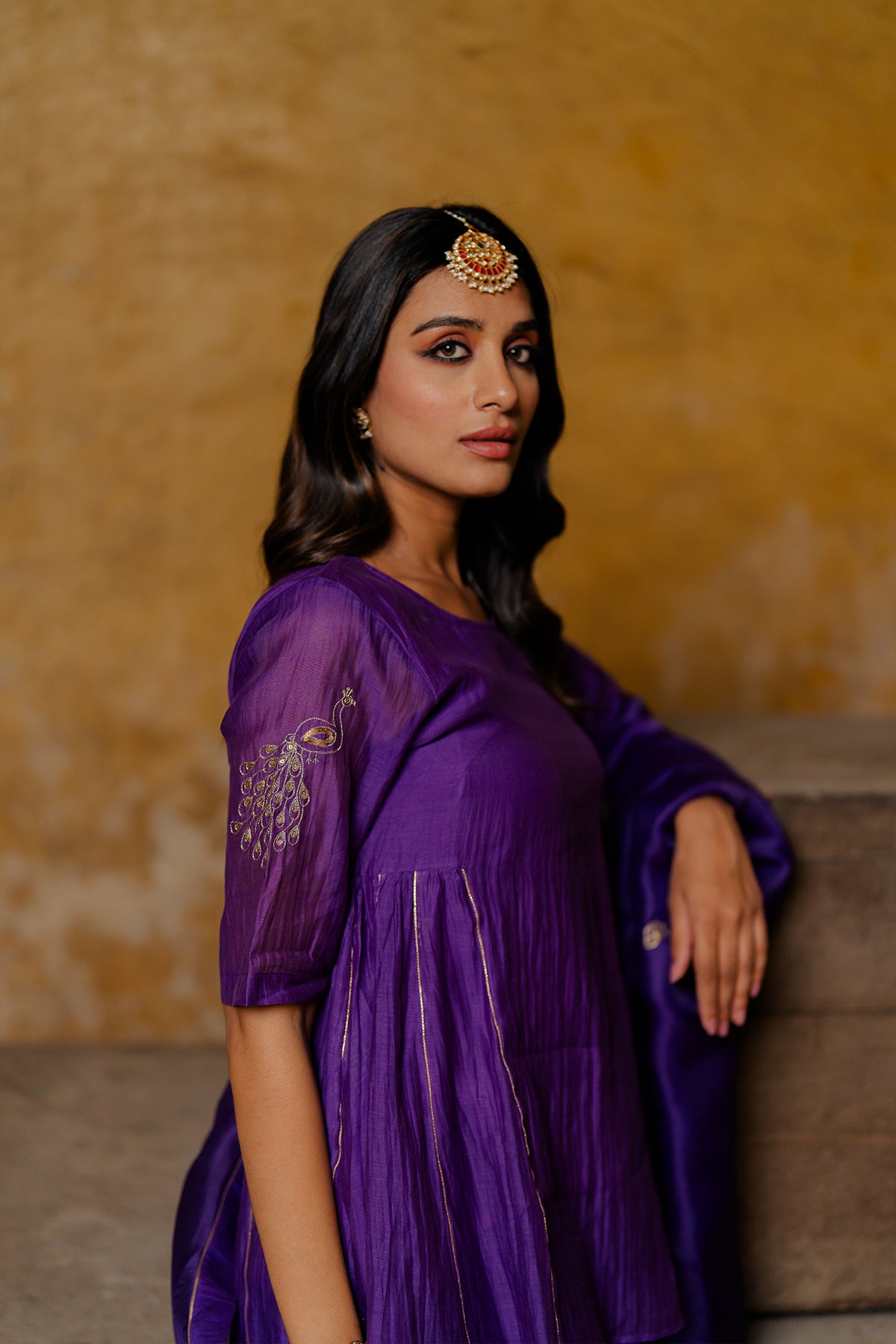 Urvi Chanderi silk Side kali short top - Purple