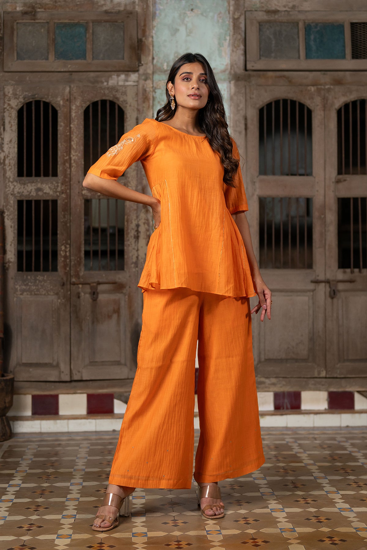 Urvi Chanderi silk Side kali short top with wide pants - Orange