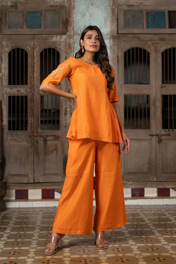 Urvi Chanderi silk Side kali short top with wide pants - Orange