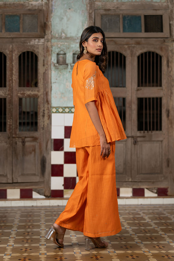 Urvi Chanderi silk Side kali short top with wide pants - Orange