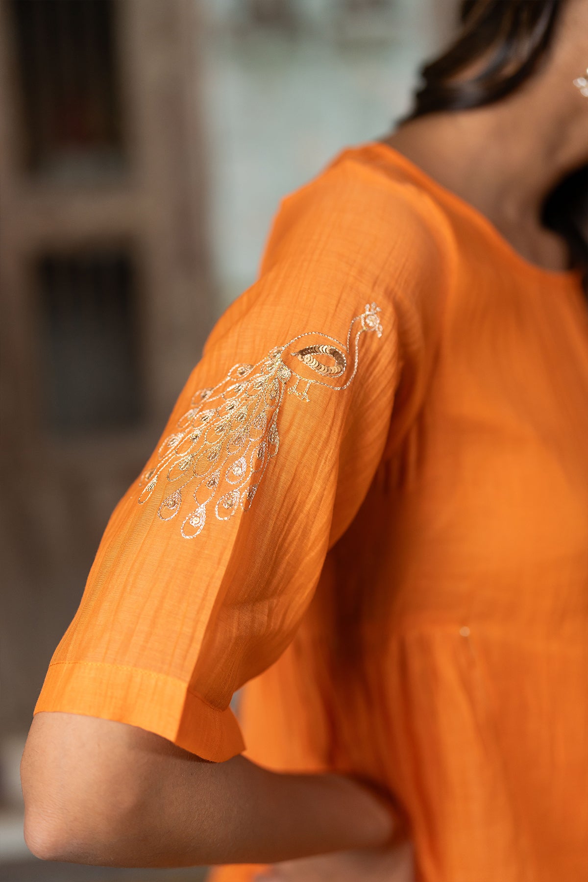 Urvi Chanderi silk Side kali short top with wide pants - Orange