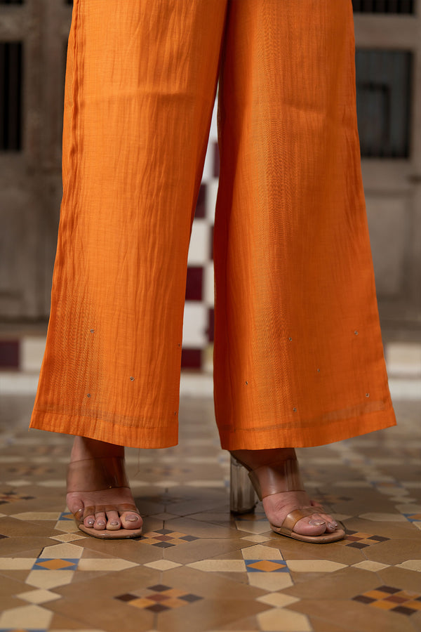 Urvi Chanderi silk Side kali short top with wide pants - Orange