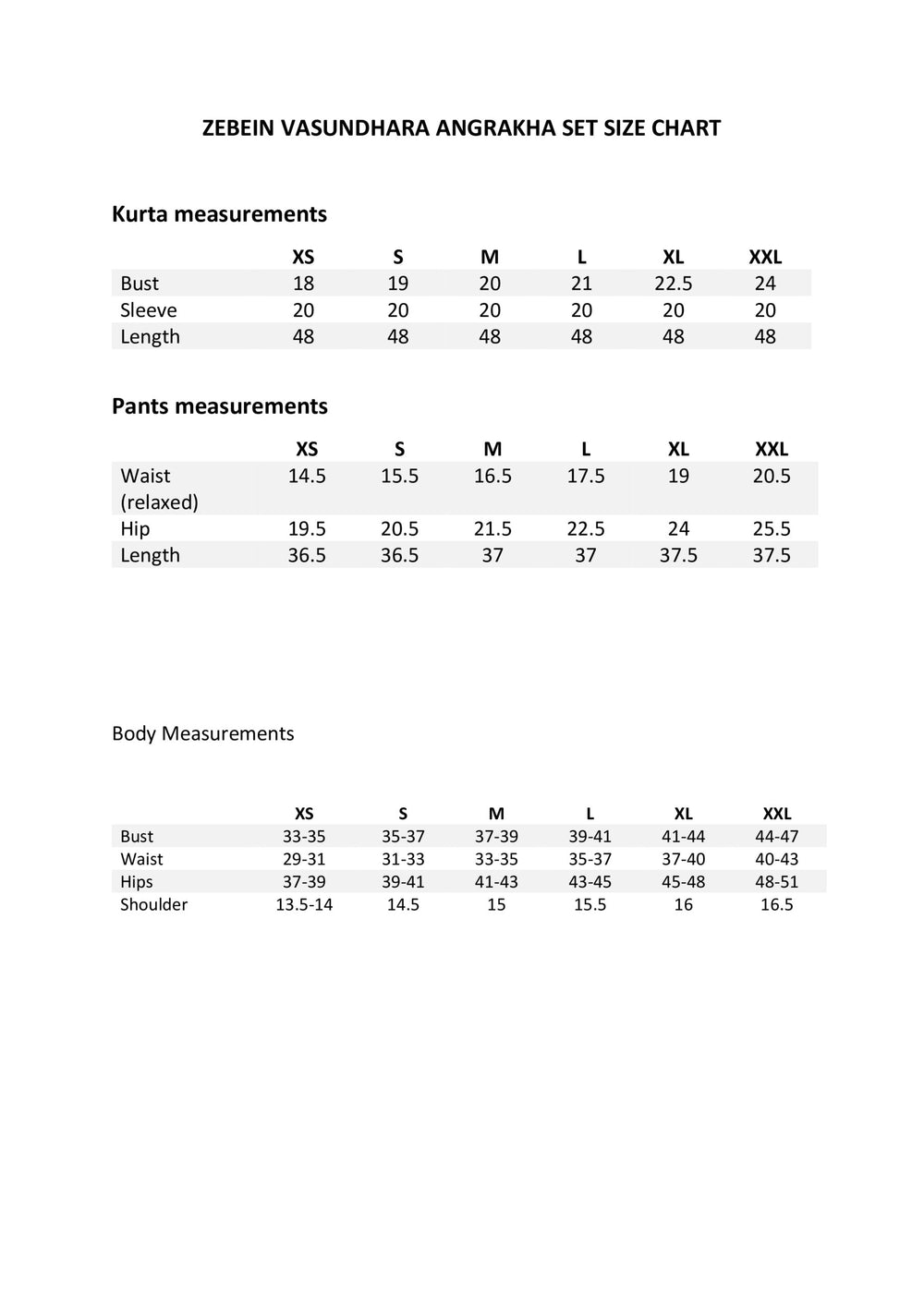 Size Chart 1