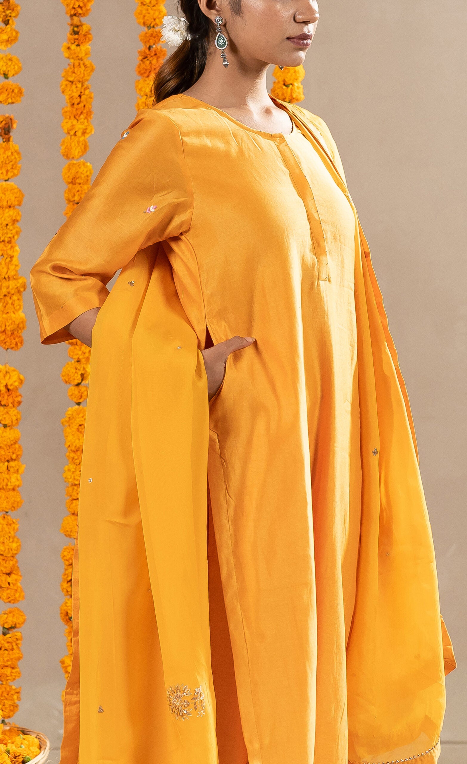 Vaani-Chanderi-Straight-Kurta-With-Pants-Mustard-Orange-