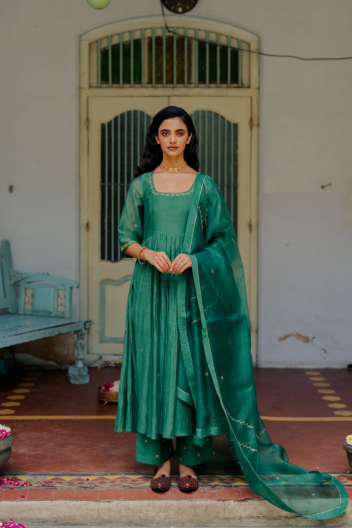 Vedica Chanderi Silk Anarkali with Pants - Green