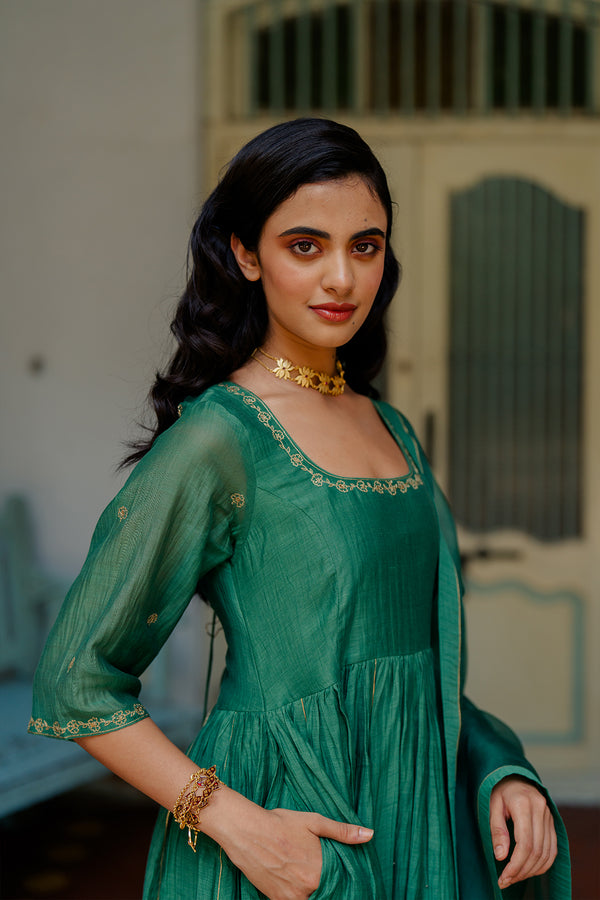 Vedica Chanderi Silk Anarkali with Pants - Green