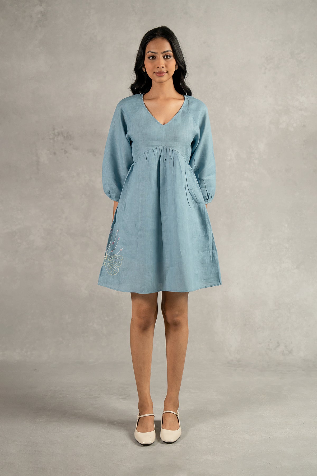 Veronica Linen Raglan Short Dress With Pockets – Icy Blue