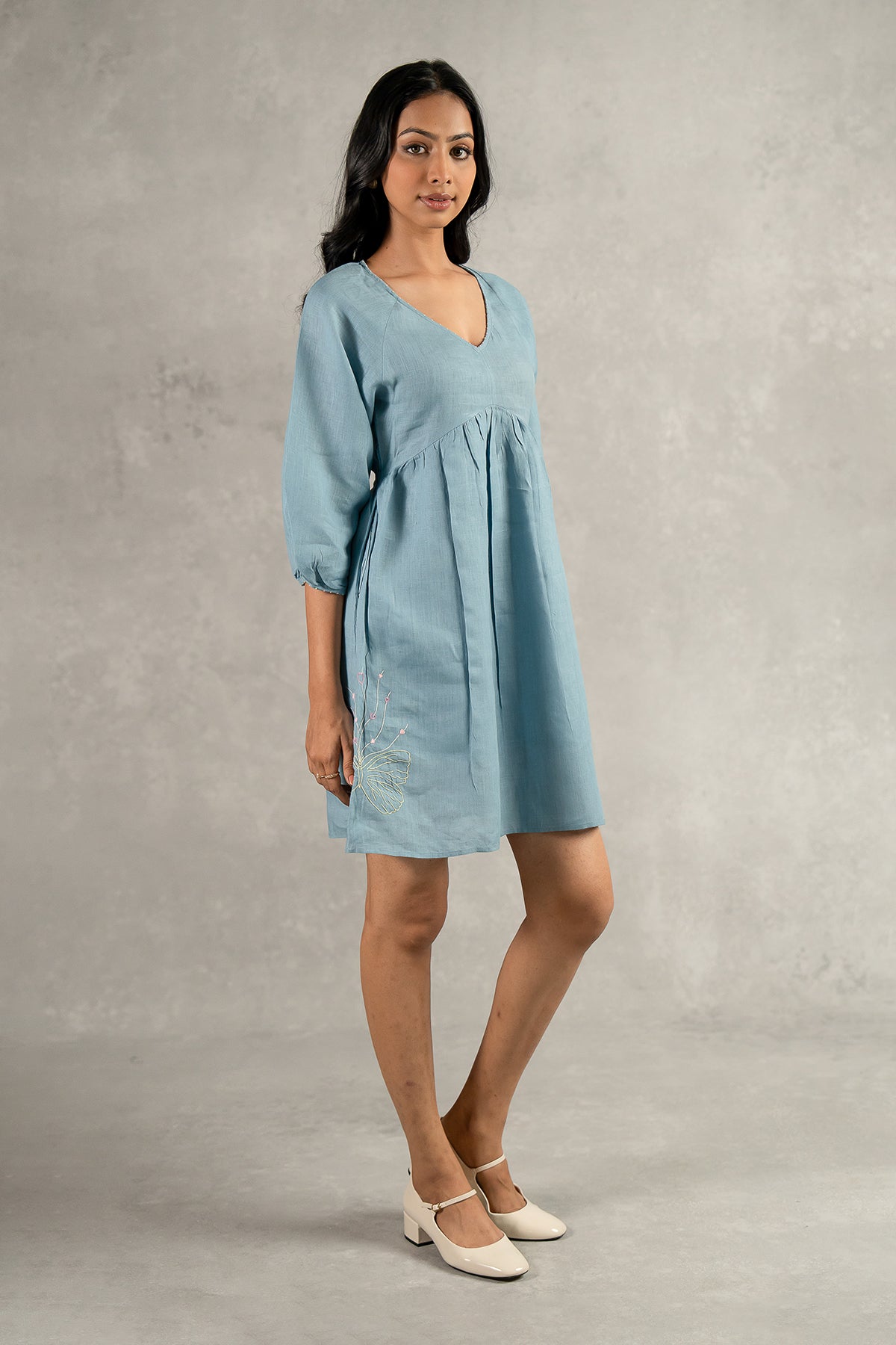 Veronica Linen Raglan Short Dress With Pockets – Icy Blue
