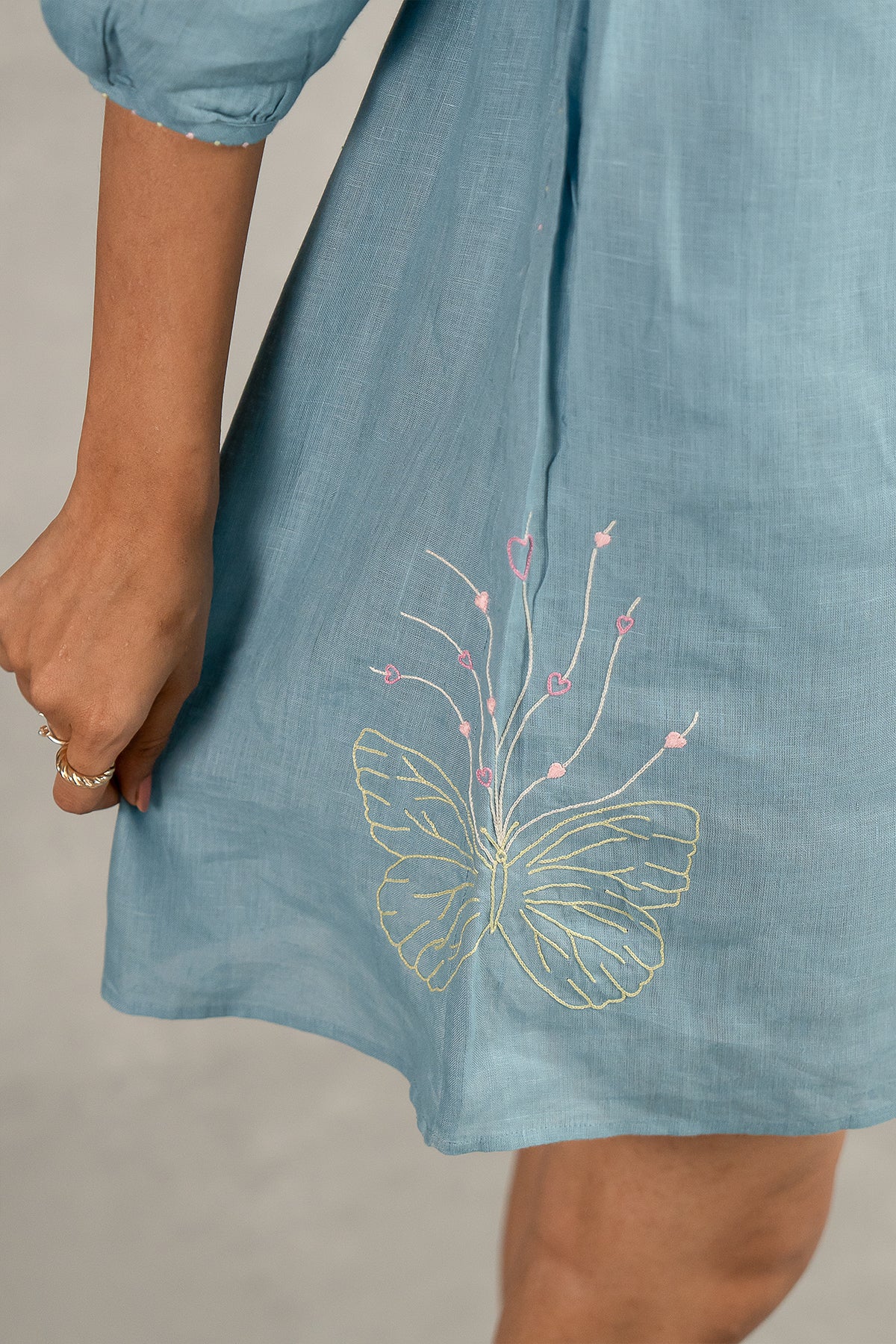 Veronica Linen Raglan Short Dress With Pockets – Icy Blue