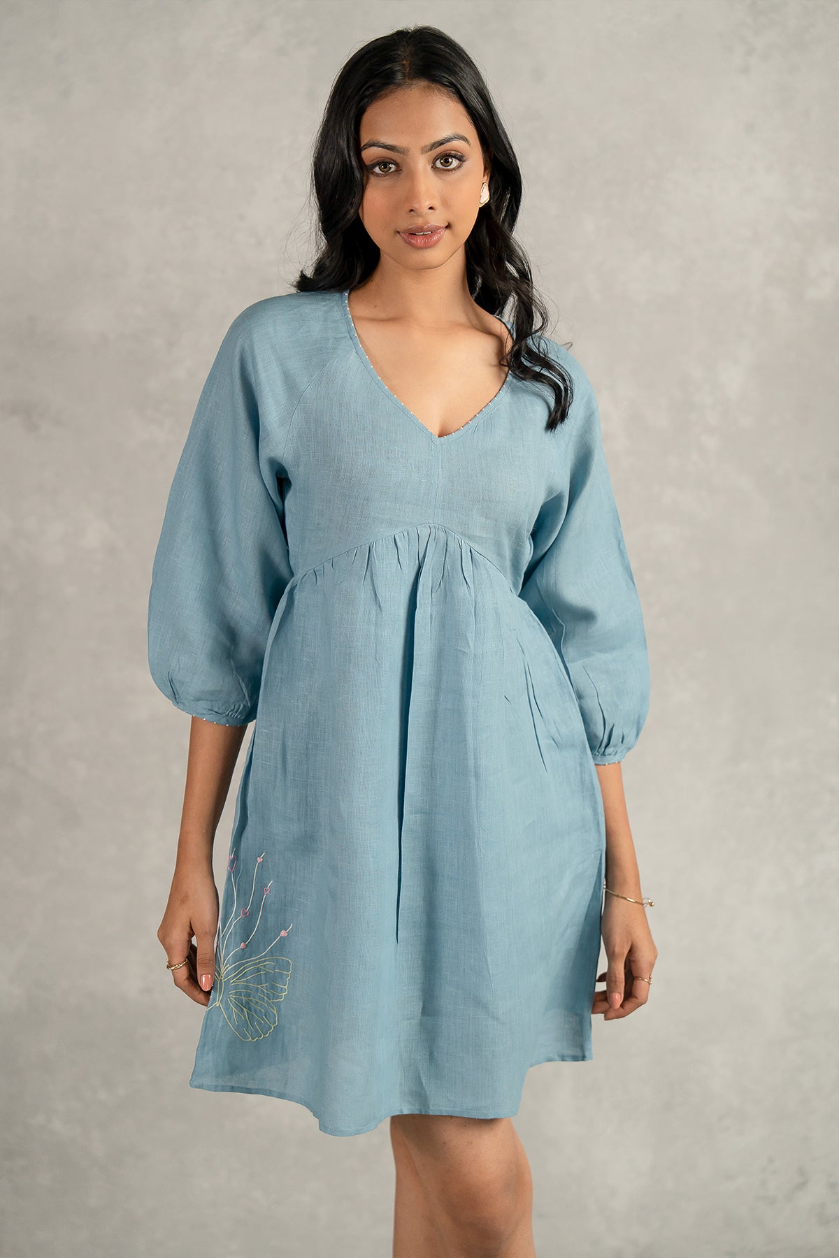 Veronica Linen Raglan Short Dress With Pockets – Icy Blue