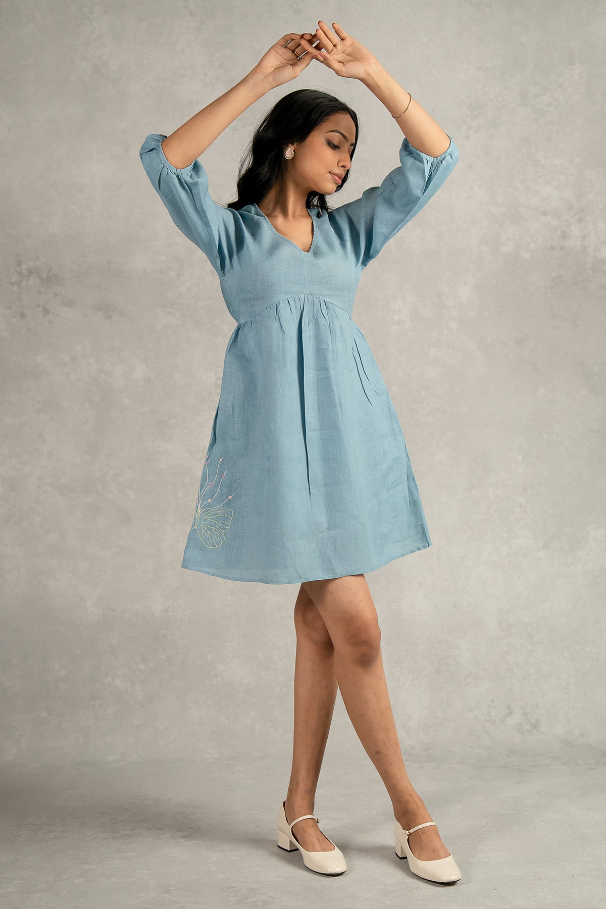 Veronica Linen Raglan Short Dress With Pockets – Icy Blue