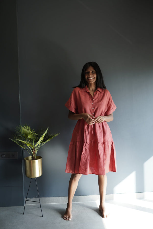 Linen Drawstring Tier Dress - Rust