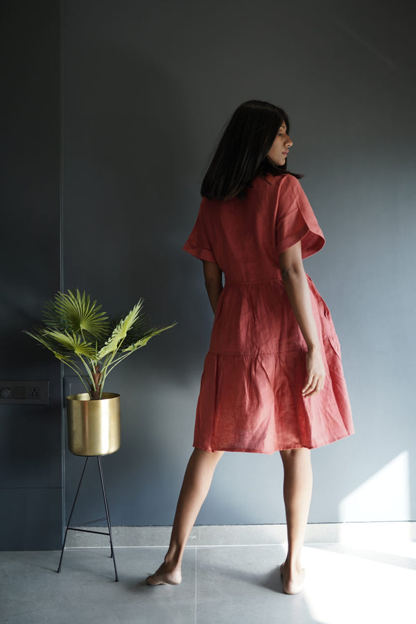 Linen Drawstring Tier Dress - Rust