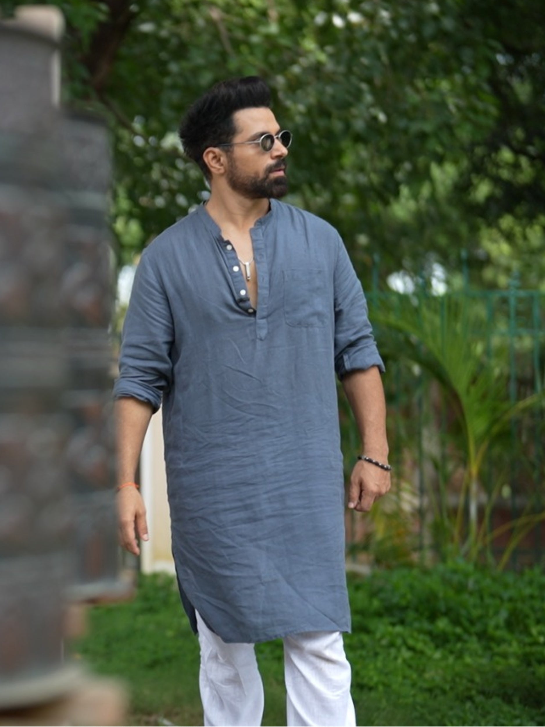Linen Men Kurta- Charcoal Grey
