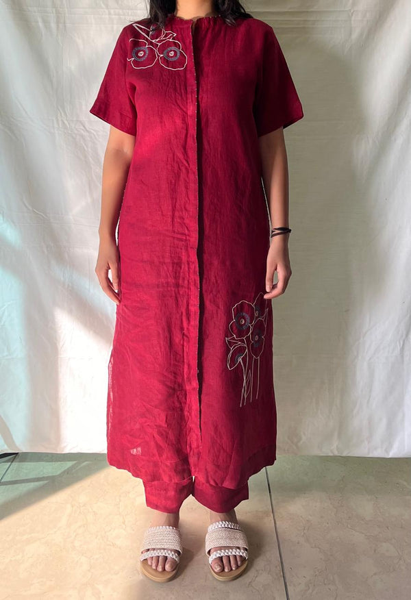 Linen Demi Kurta with half sleeve - Red