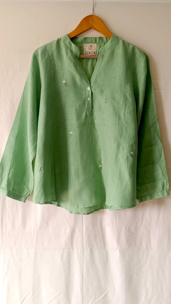 Linen Embroidered Panel Top - Pista