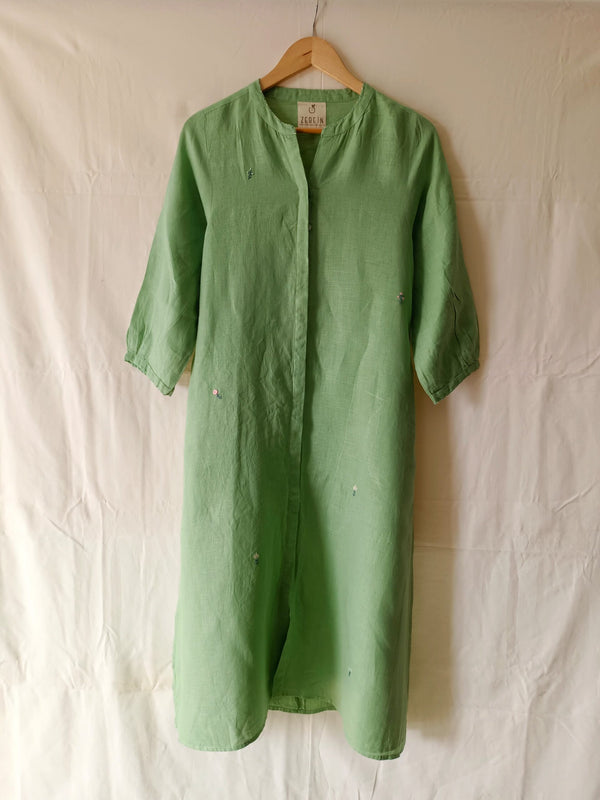 Demi Linen Buttoned Kurta - Pista
