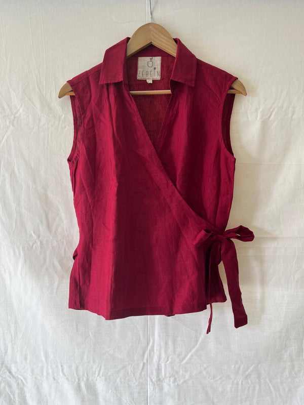 Linen Collared Knot Top - Red