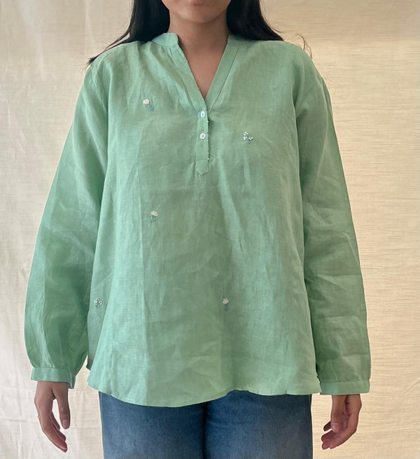 Linen Embroidered Panel Top - Pista