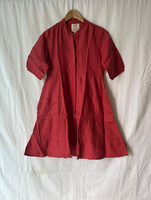 Linen Frill Collar Dress - Rust