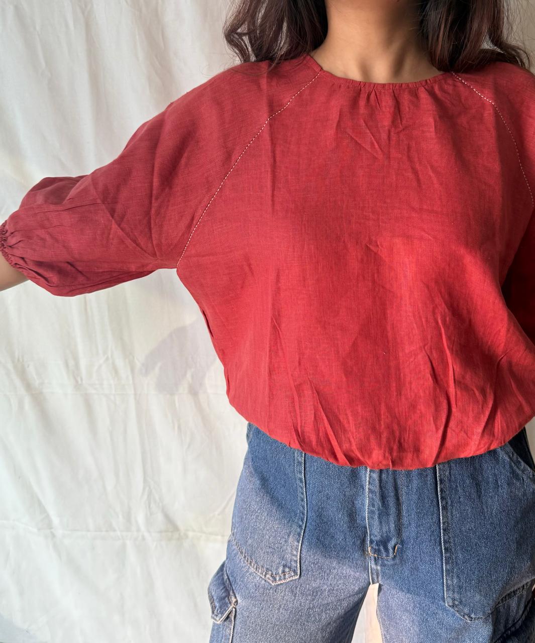 Linen Reglan Crop Top - Rust