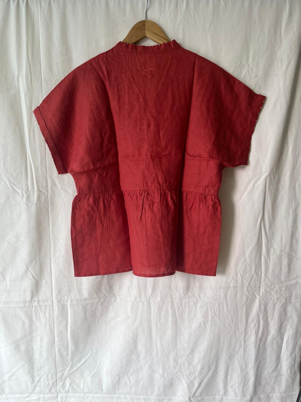 Heather Linen Drawstring Top - Rust