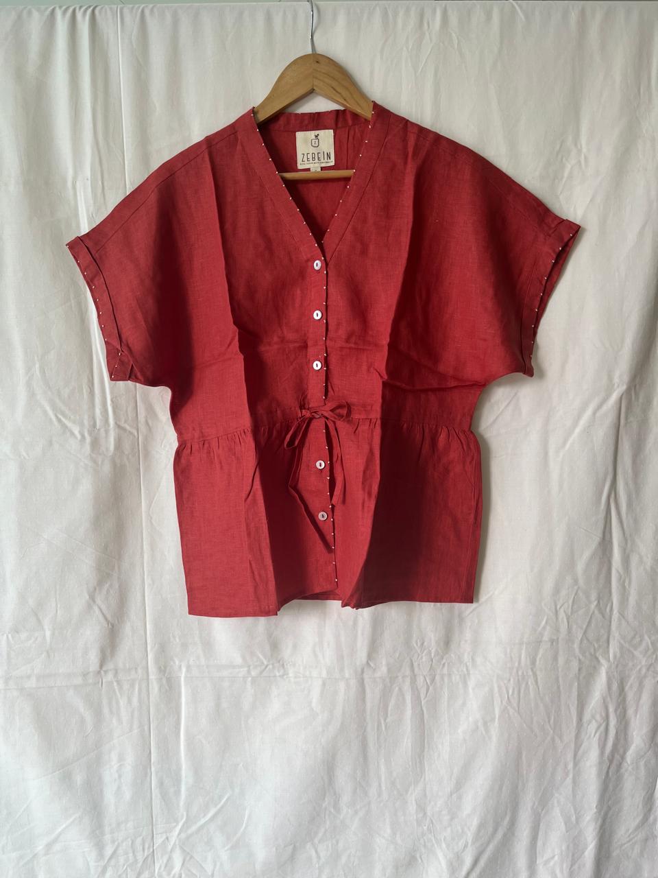 Heather Linen Drawstring Top - Rust