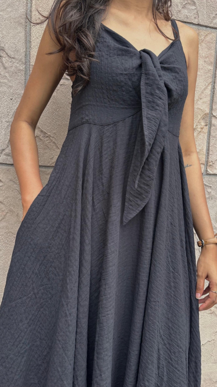 Crush Cotton Front Knot Slip Dress - Black