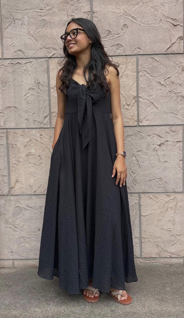 Crush Cotton Front Knot Slip Dress - Black