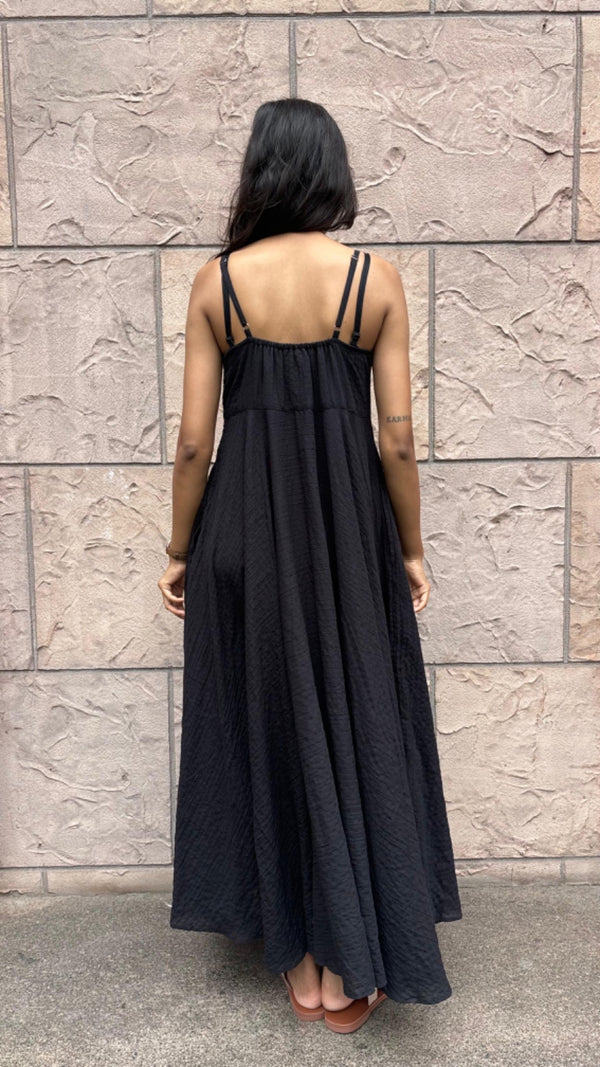 Crush Cotton Front Knot Slip Dress - Black