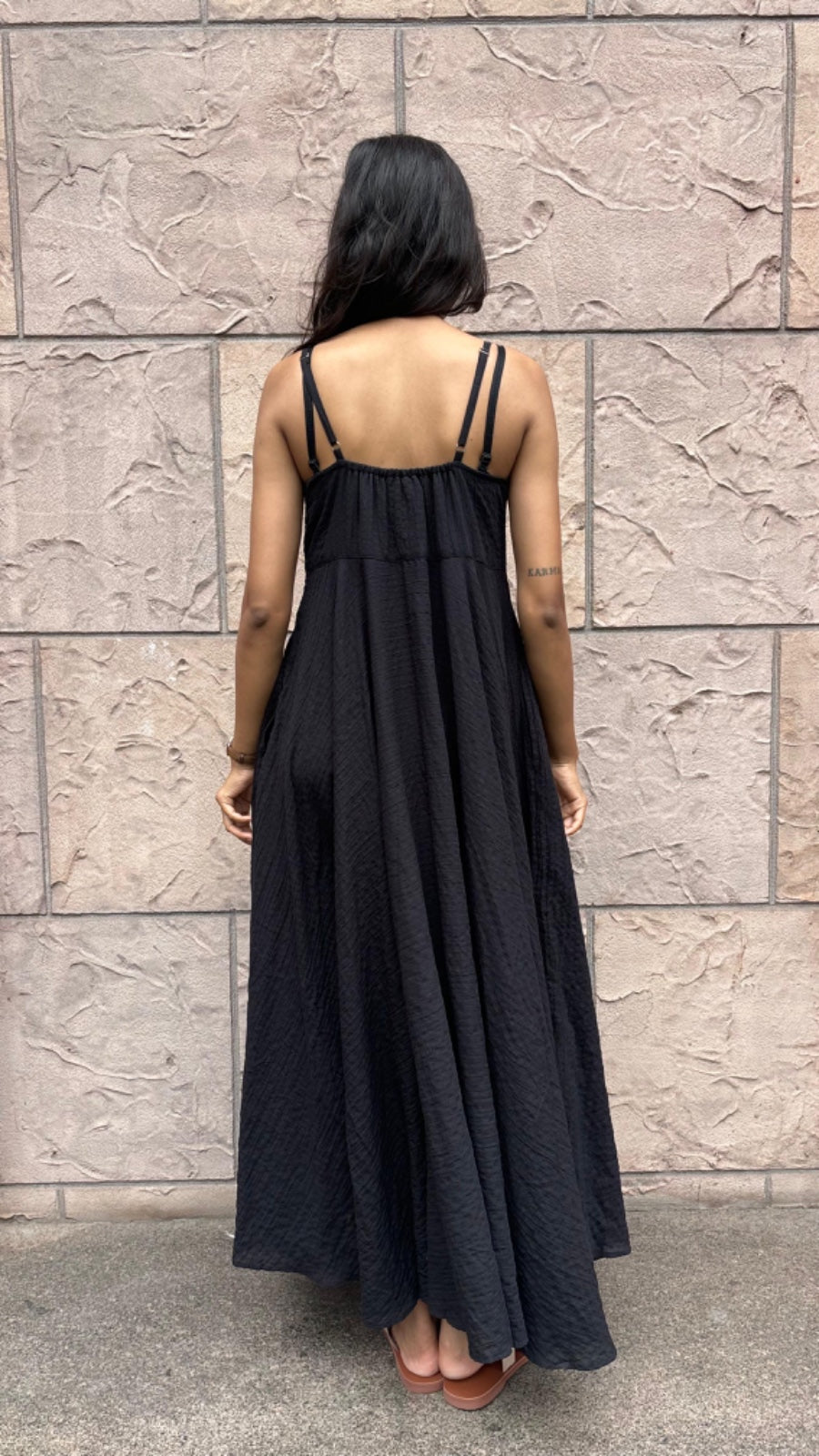 Crush Cotton Front Knot Slip Dress - Black