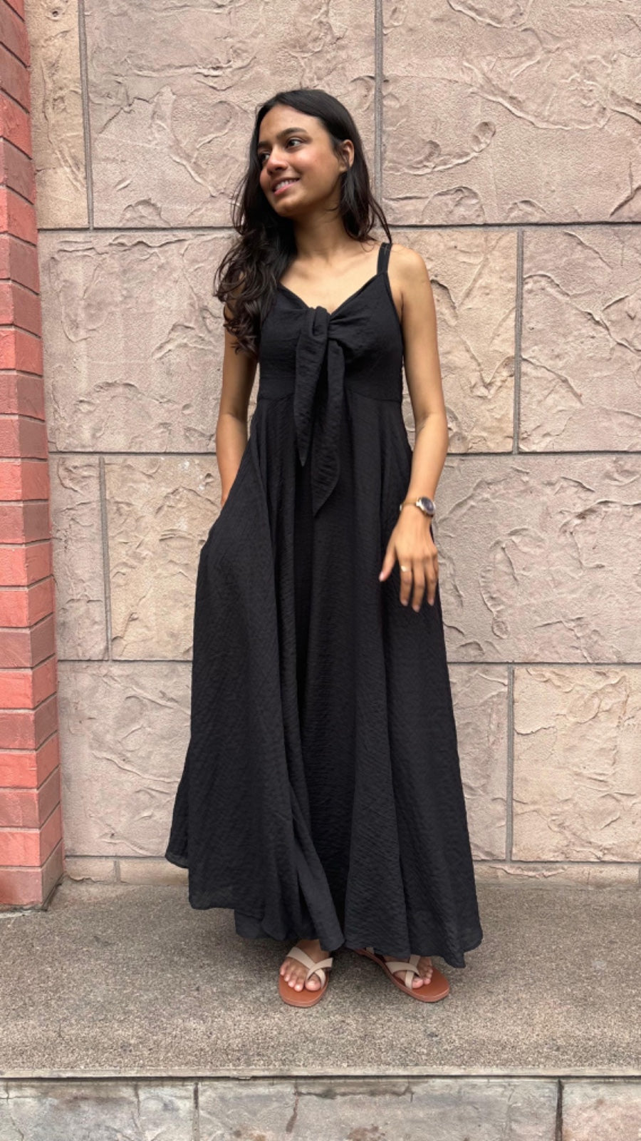 Crush Cotton Front Knot Slip Dress - Black