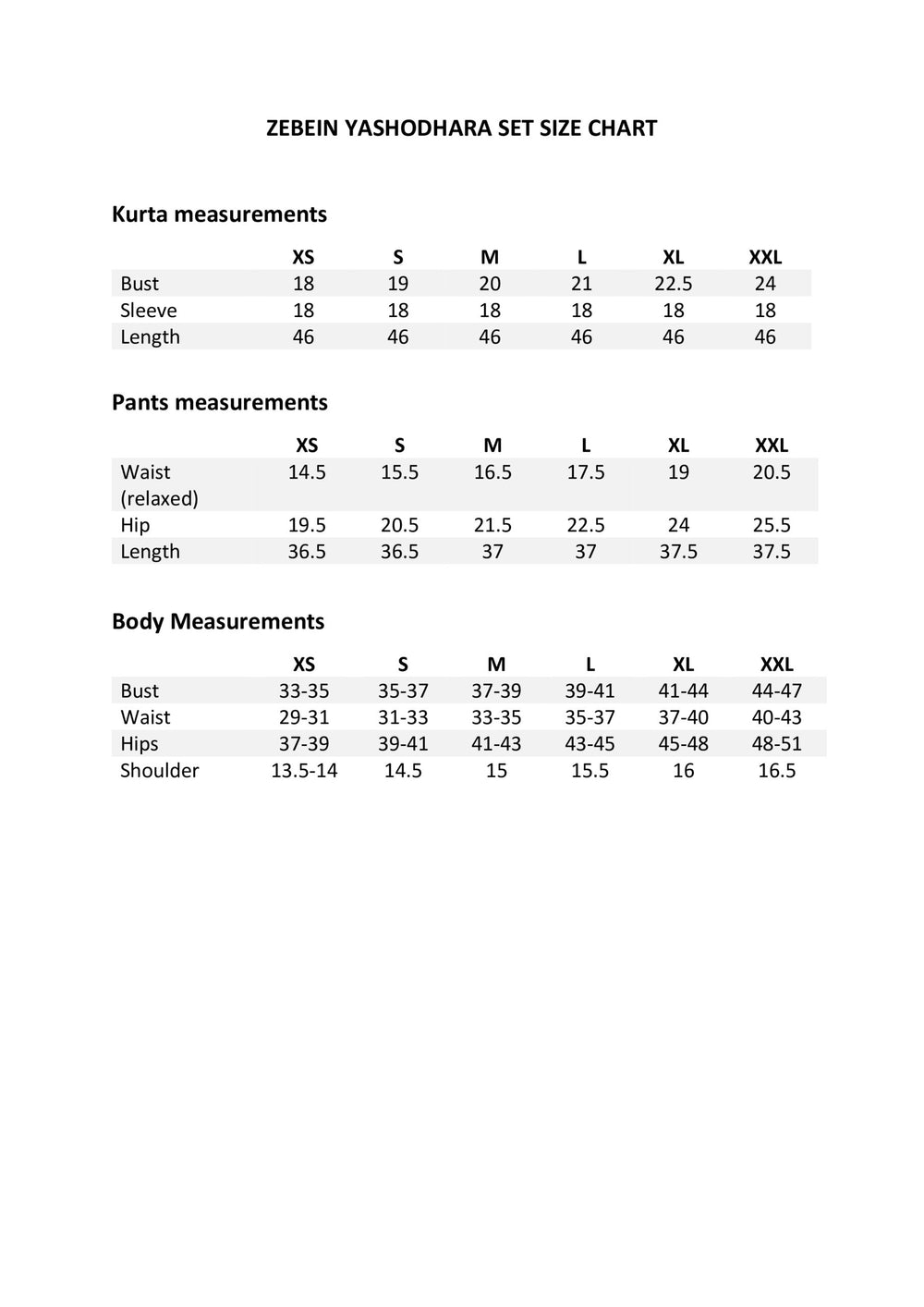 Size Chart 1