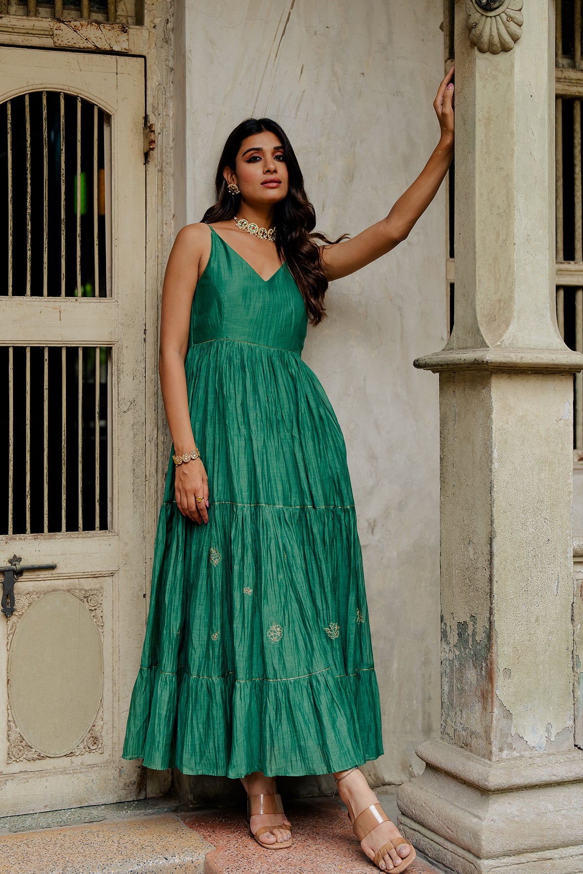 Yasmeen Chanderi Silk Strap Long Tier Dress - Green