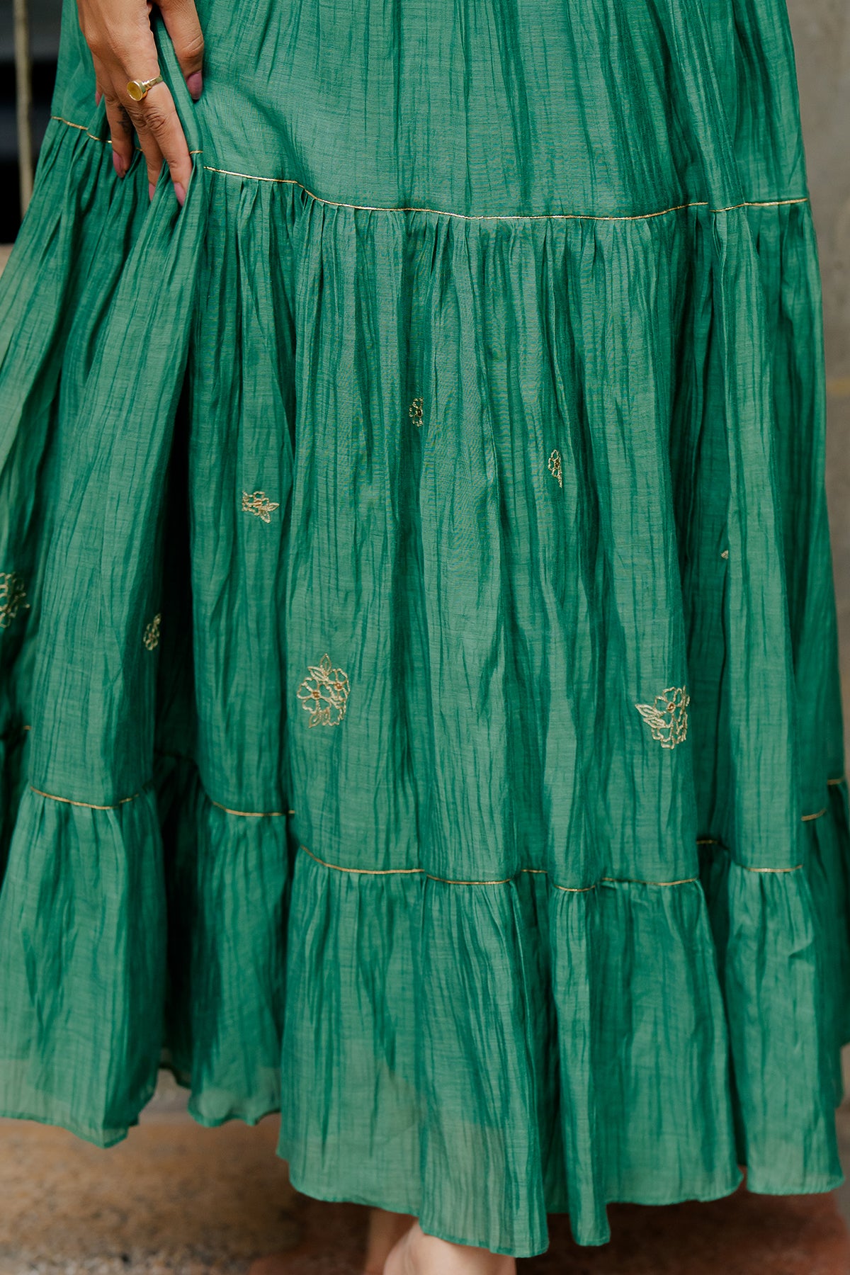 Yasmeen Chanderi Silk Strap Long Tier Dress - Green
