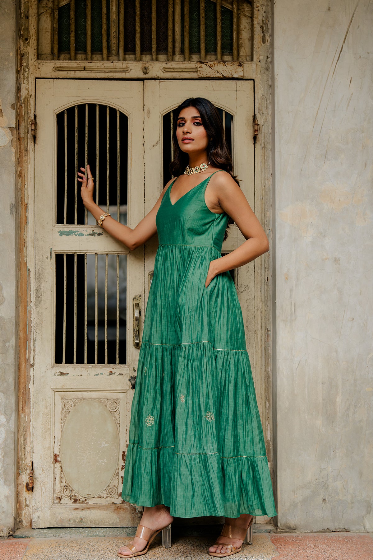 Yasmeen Chanderi Silk Strap Long Tier Dress - Green