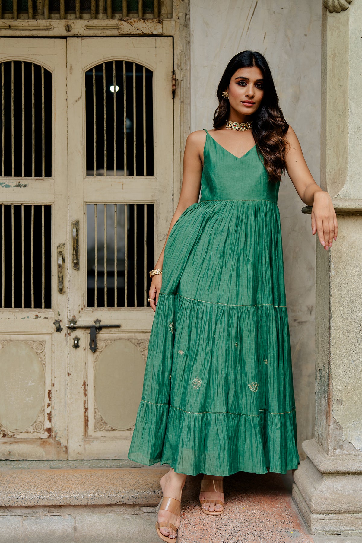Yasmeen Chanderi Silk Strap Long Tier Dress - Green