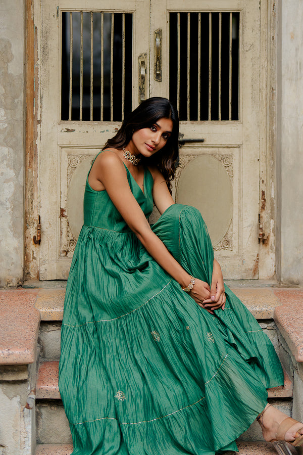 Yasmeen Chanderi Silk Strap Long Tier Dress - Green