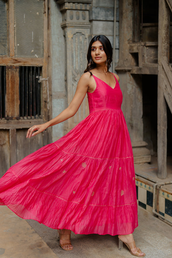 Yasmeen Chanderi Silk Strap Long Tier Dress - Pink